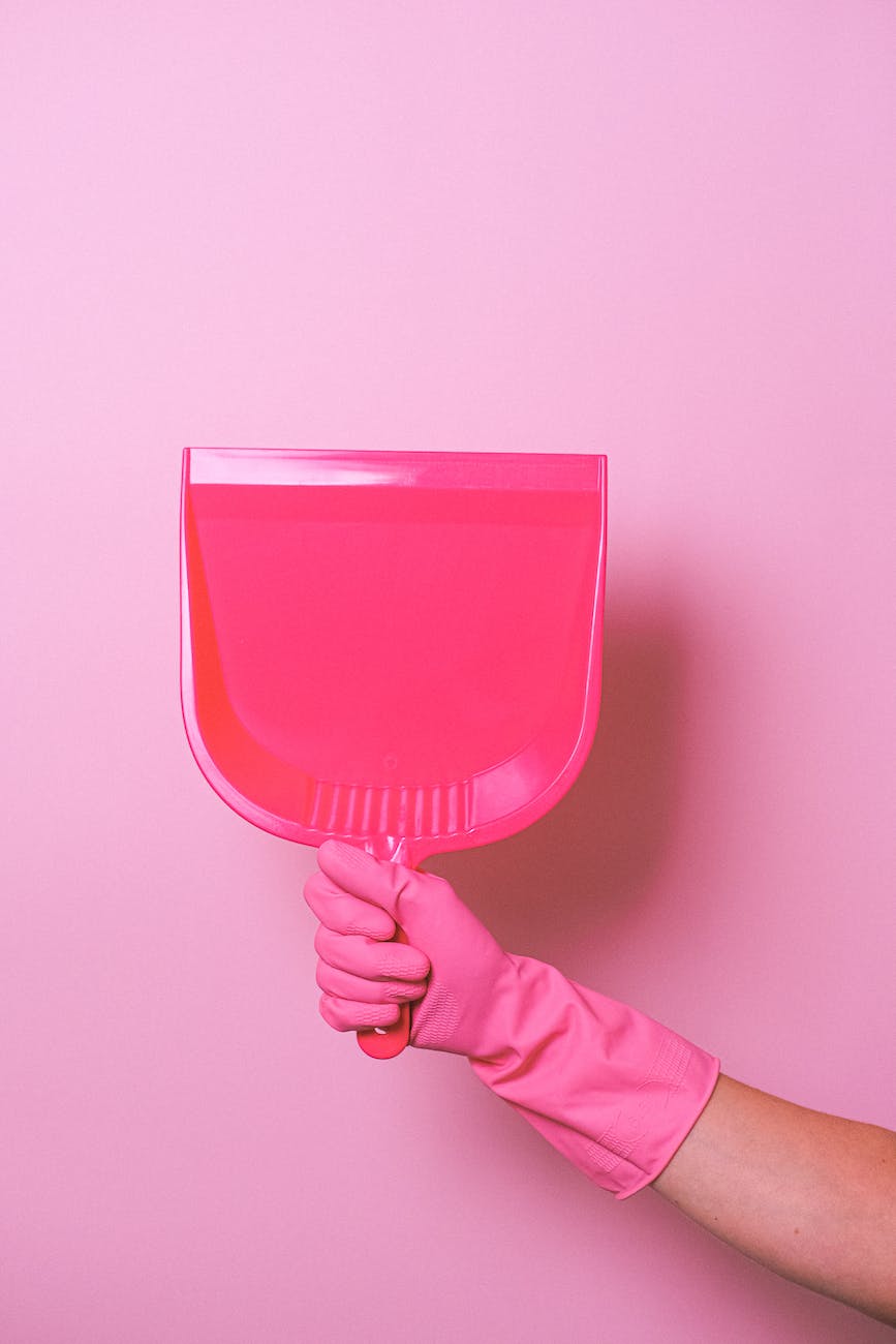 crop faceless person in rubber glove demonstrating dust shovel
