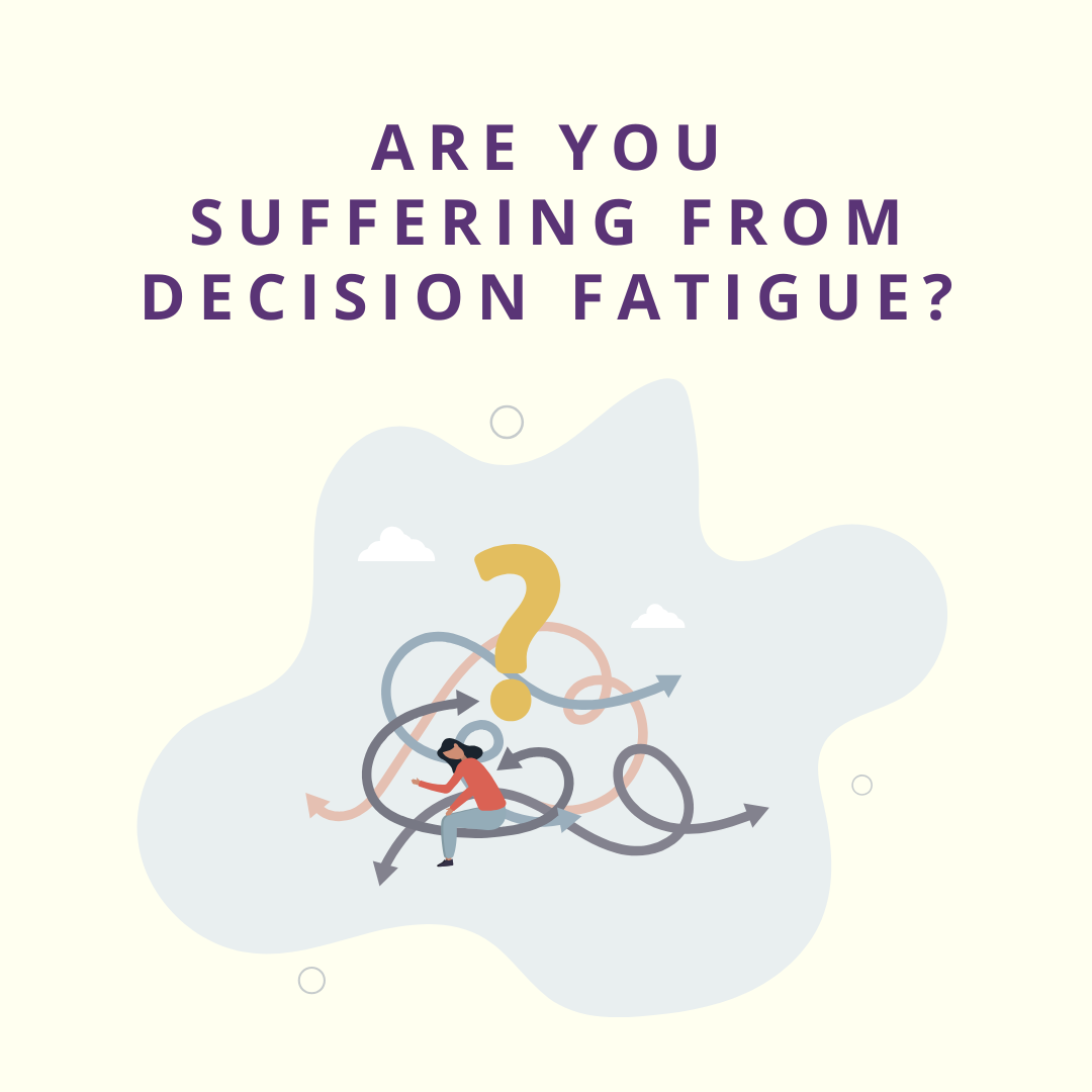 are you suffering from decision fatigue with woman surrounded by question marks and lines going every which way